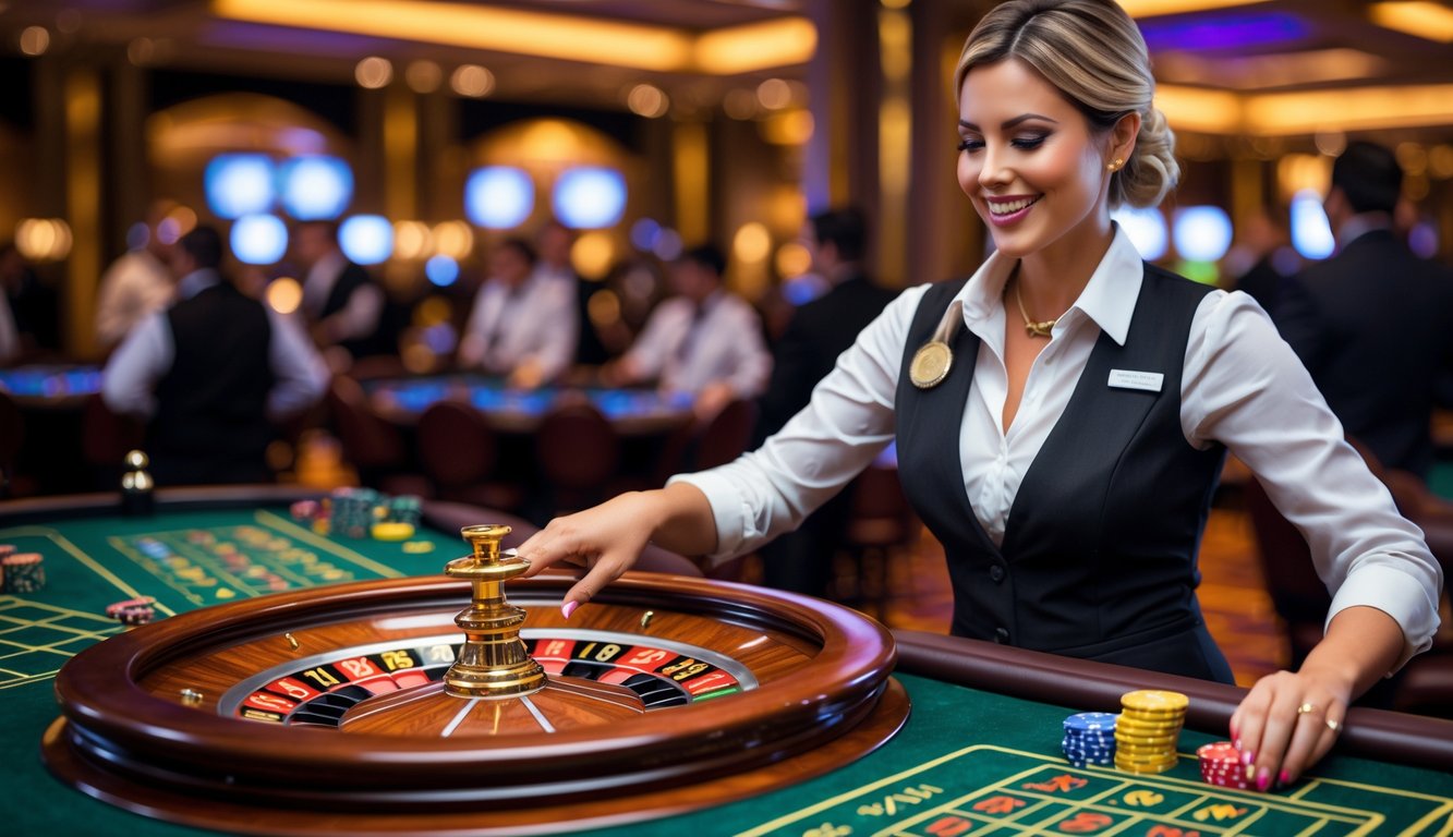 Seorang dealer wanita sedang memutar roda roulette di meja kasino dengan suasana ramai di latar belakang.