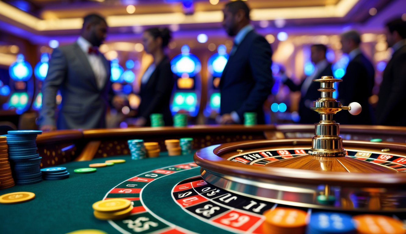 Meja roulette kasino dengan roda roulette yang sedang berputar dan tumpukan chip warna-warni, dikelilingi oleh orang-orang yang sedang bermain.