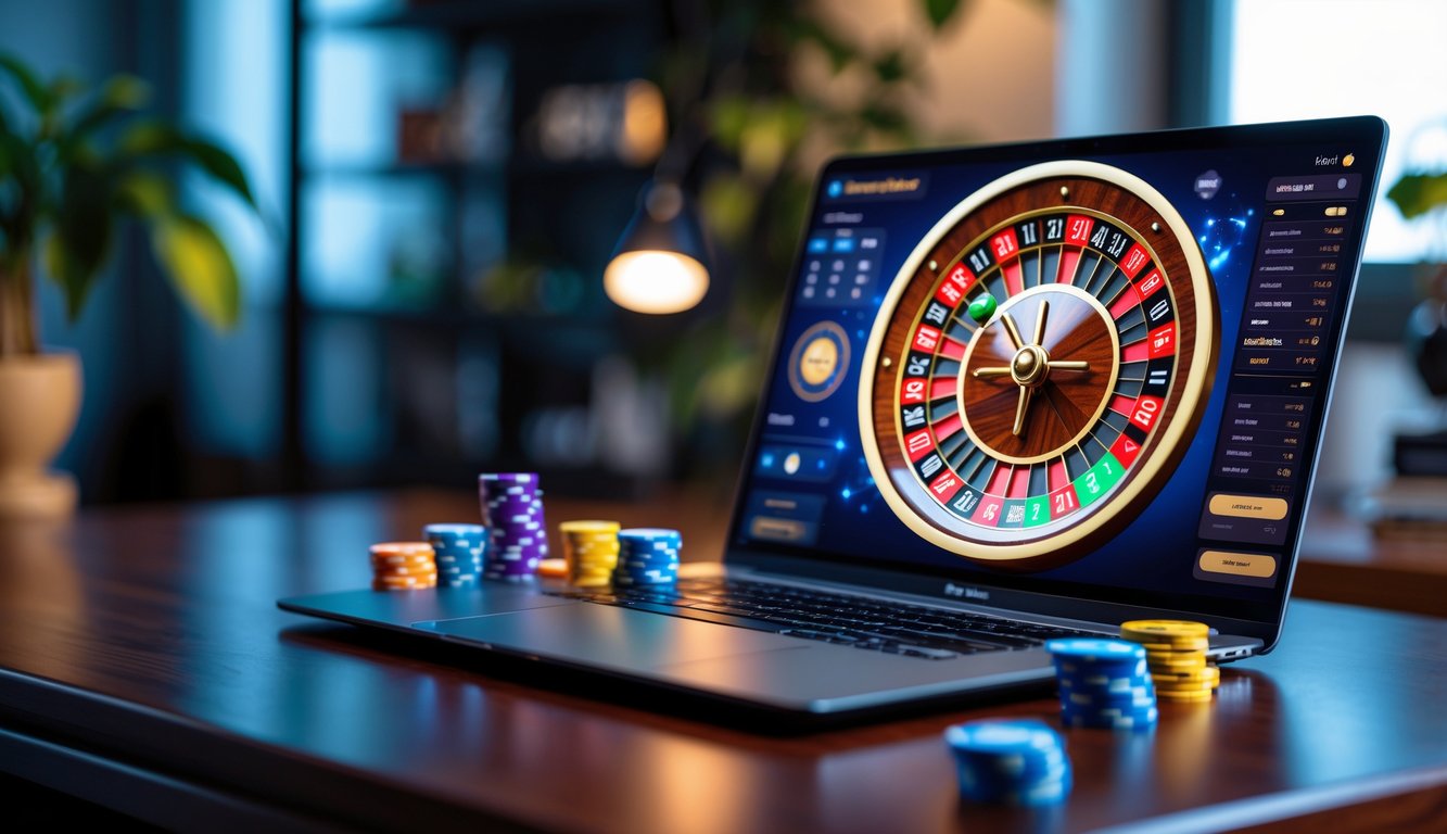 Seorang pria menggunakan laptop dengan tampilan roda roulette online di layar di atas meja kayu di ruang kerja rumah.