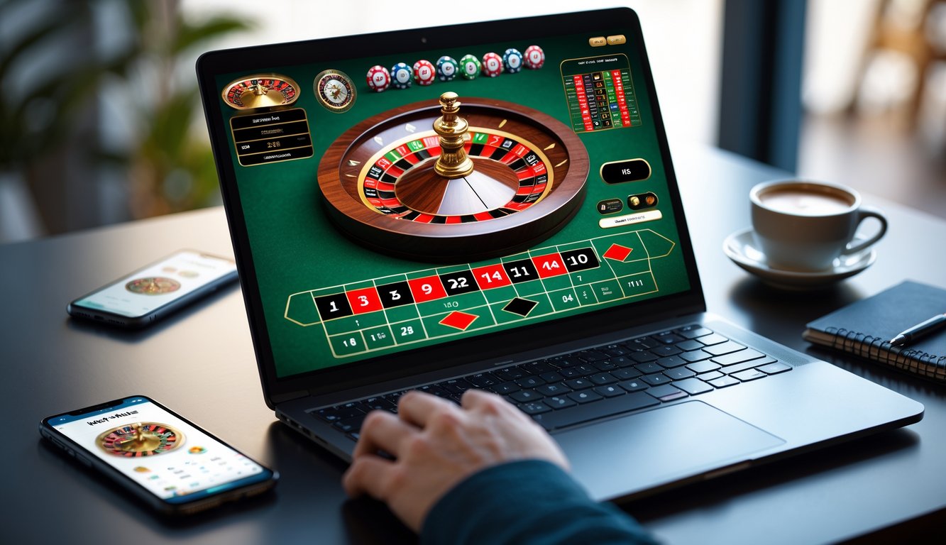 Sebuah laptop menampilkan permainan roulette online dengan roda roulette dan meja taruhan yang jelas terlihat, diletakkan di atas meja kayu dengan beberapa perangkat dan perlengkapan di sekitarnya.