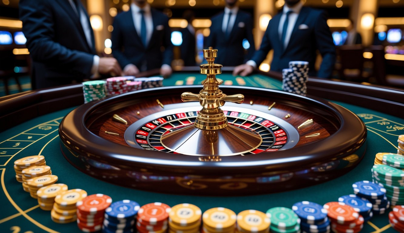 Meja roulette kasino mewah dengan roda roulette dan tumpukan chip taruhan di sekitarnya, di dalam ruangan kasino yang elegan.
