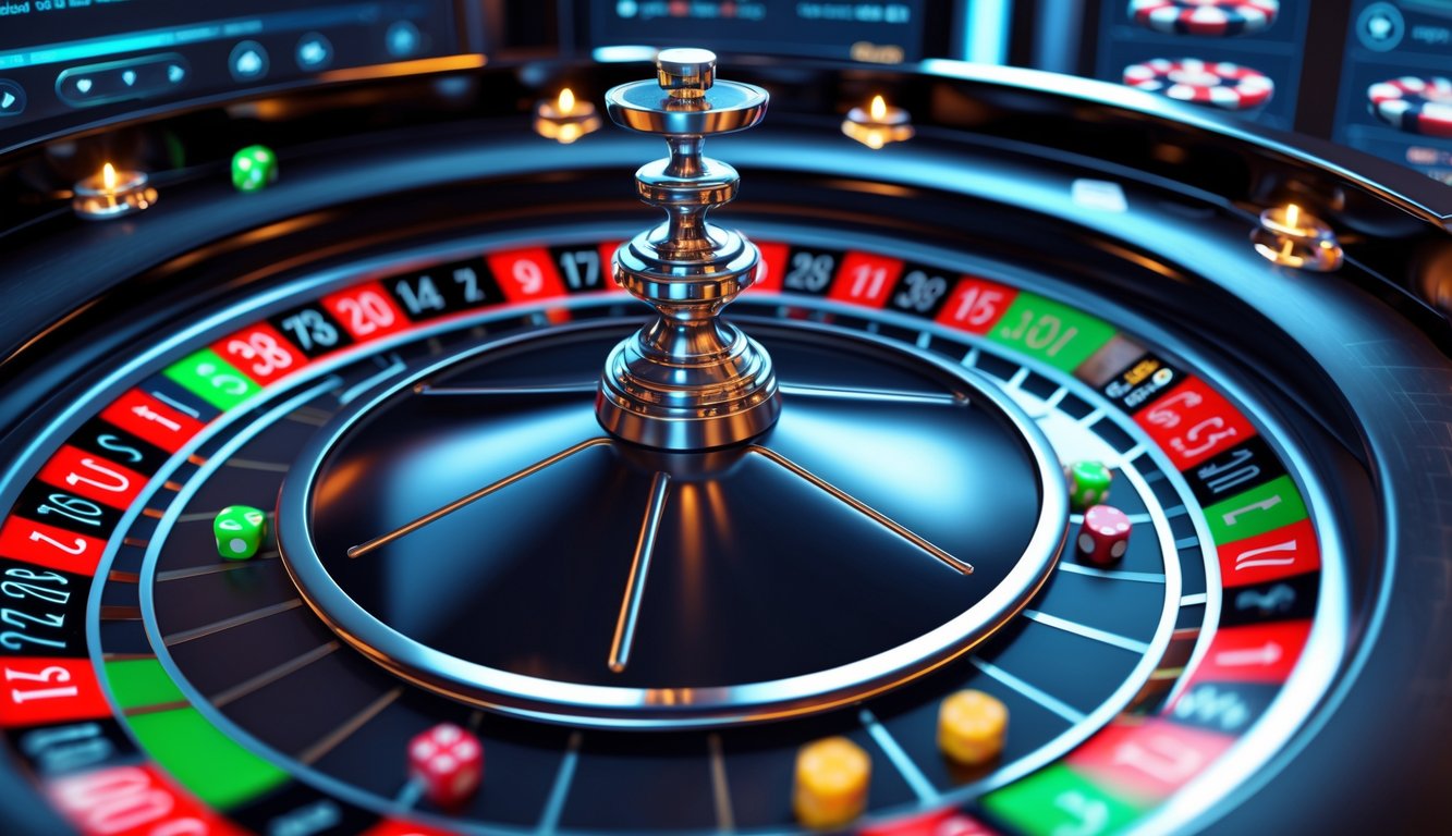 Layar komputer menampilkan permainan rolet kasino online dengan roda rolet digital yang berputar dan chip digital di sekitarnya.