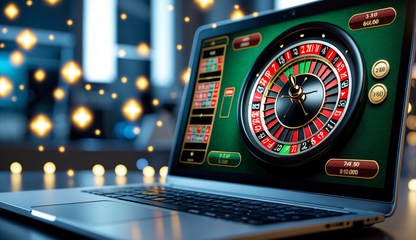Layar laptop menampilkan permainan roulette online dengan roda roulette berwarna merah dan hitam, menonjolkan suasana jackpot besar.