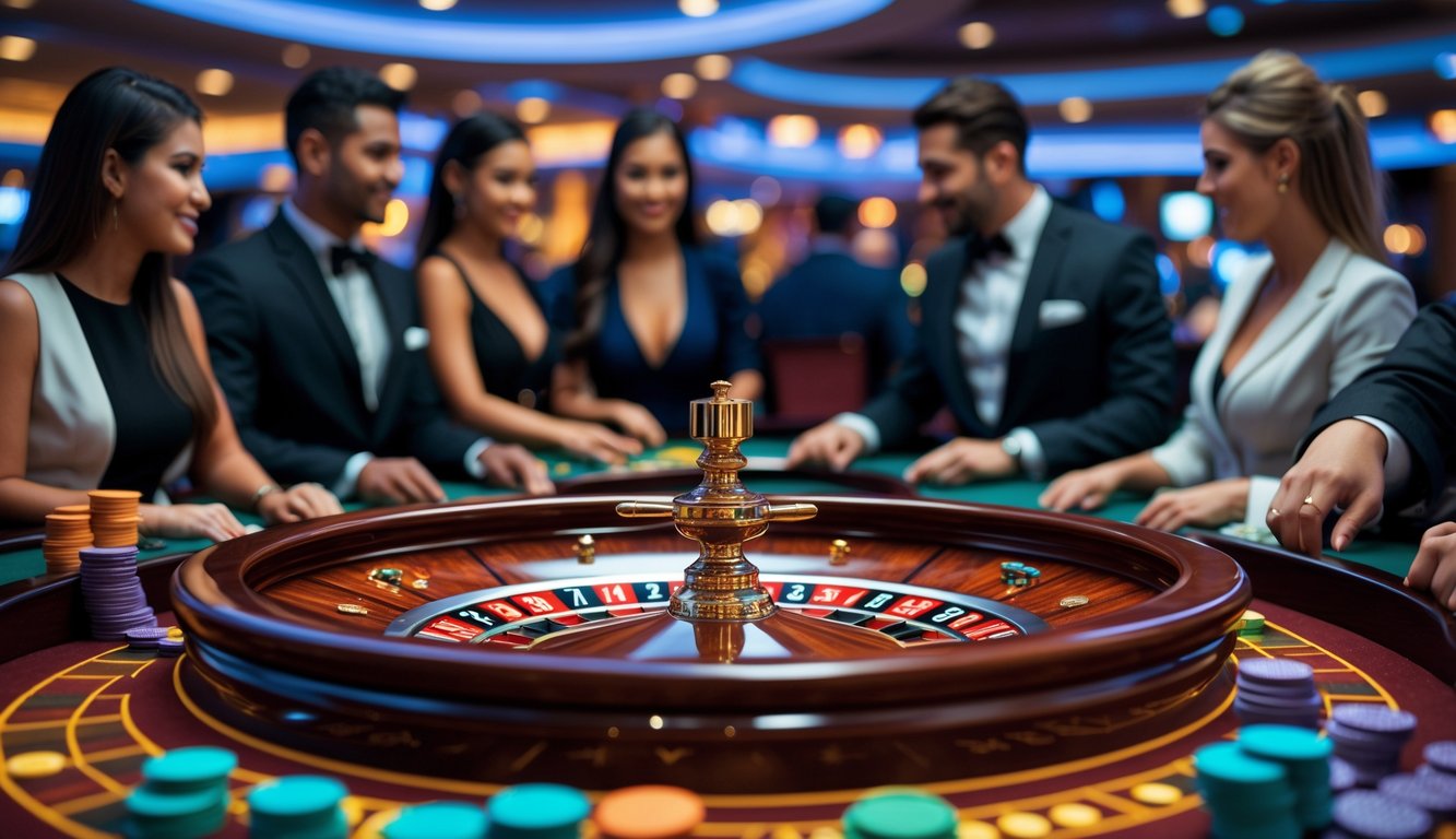 Meja roulette kasino langsung yang ramai dengan pemain dan dealer wanita sedang bermain di lingkungan kasino yang elegan.