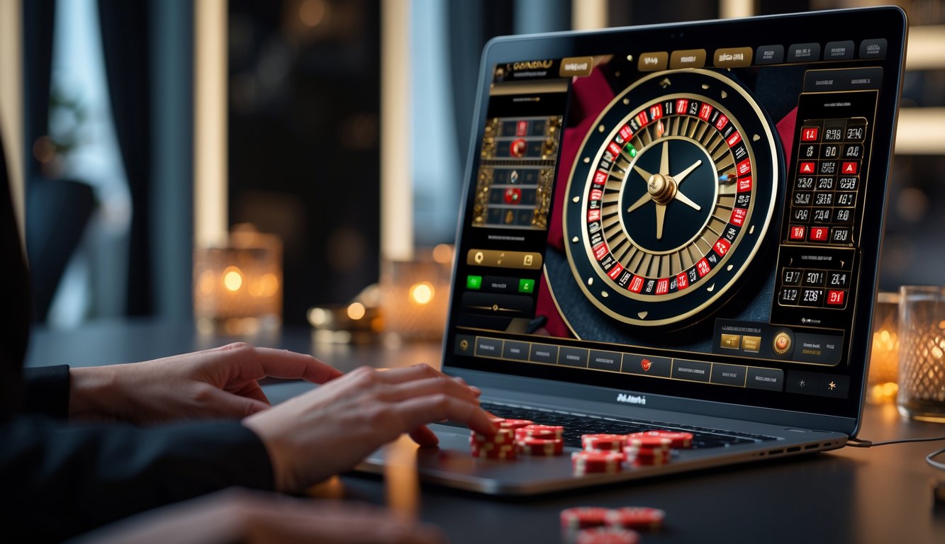 Seseorang sedang bermain roulette online di komputer dengan tampilan roda roulette yang berwarna merah dan hitam.