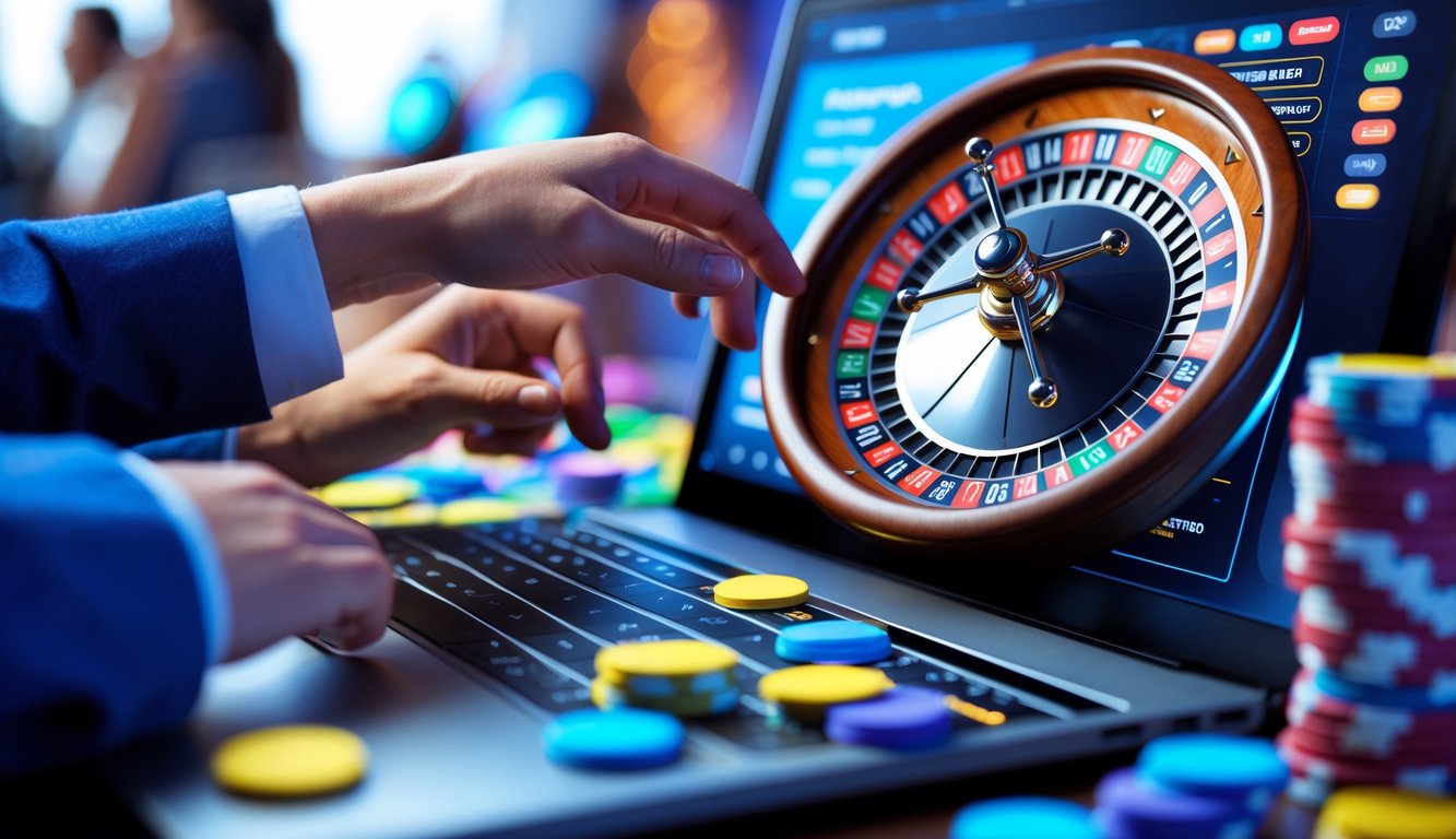 Seseorang bermain roulette online di komputer dengan roda roulette digital yang berputar di layar.