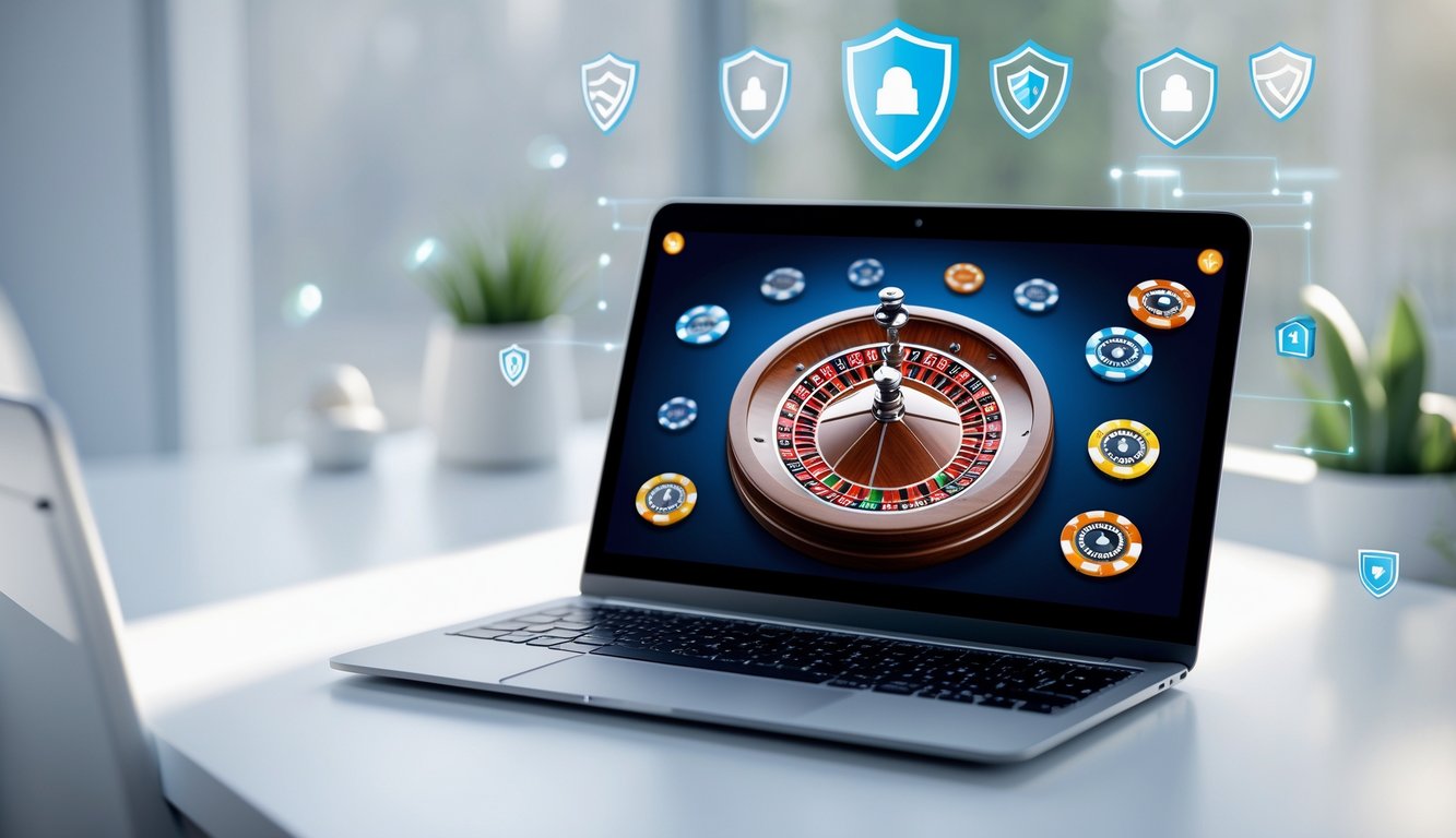 Sebuah laptop di atas meja dengan tampilan permainan roulette online yang sedang berputar, dikelilingi oleh ikon keamanan digital.