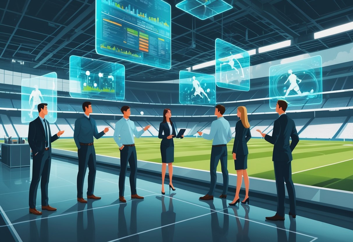 Ruangan dengan layar digital besar menampilkan analisis sepak bola dan beberapa ahli yang berdiskusi, dengan latar belakang stadion sepak bola dan proyeksi holografik pemain.