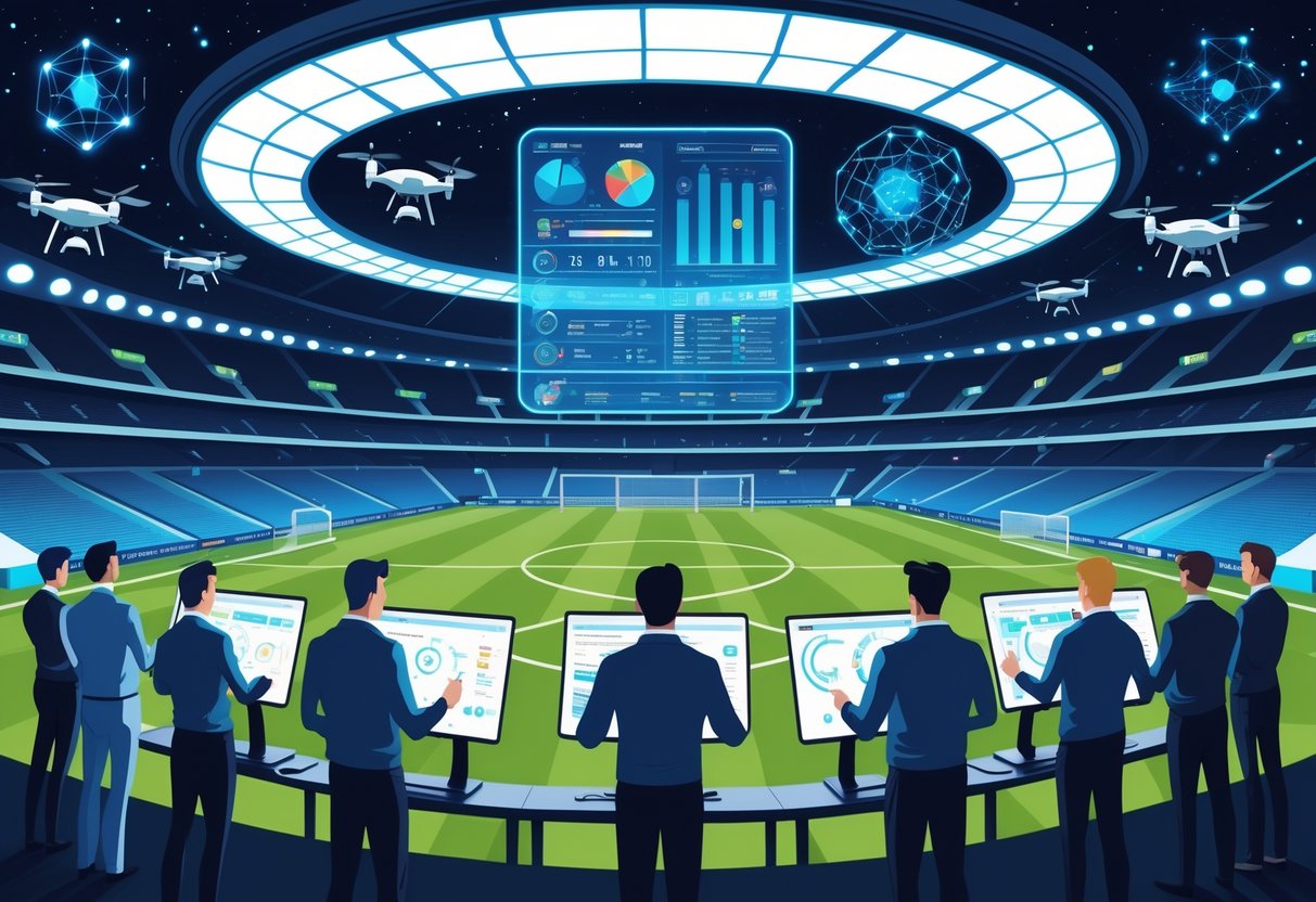 Ilustrasi ahli dan teknologi canggih sedang menganalisis data sepak bola di stadion futuristik dengan tampilan holografik dan perangkat digital.