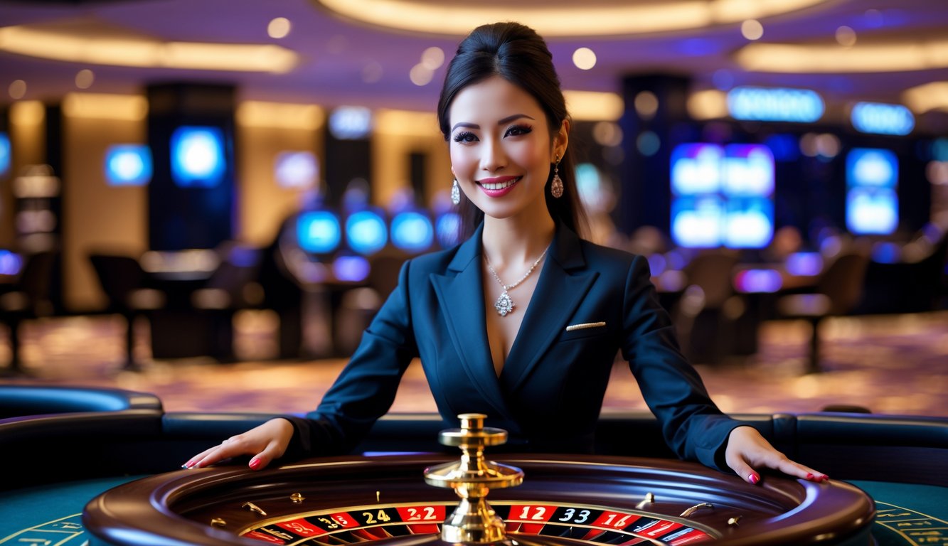 Seorang dealer wanita cantik berdiri di belakang meja roulette dengan roda roulette yang sedang berputar di lingkungan kasino modern.