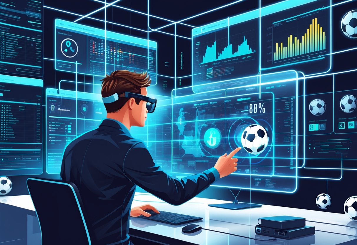 Seorang analis menggunakan teknologi canggih untuk memprediksi hasil pertandingan sepak bola dengan data dan grafik yang kompleks di layar digital.