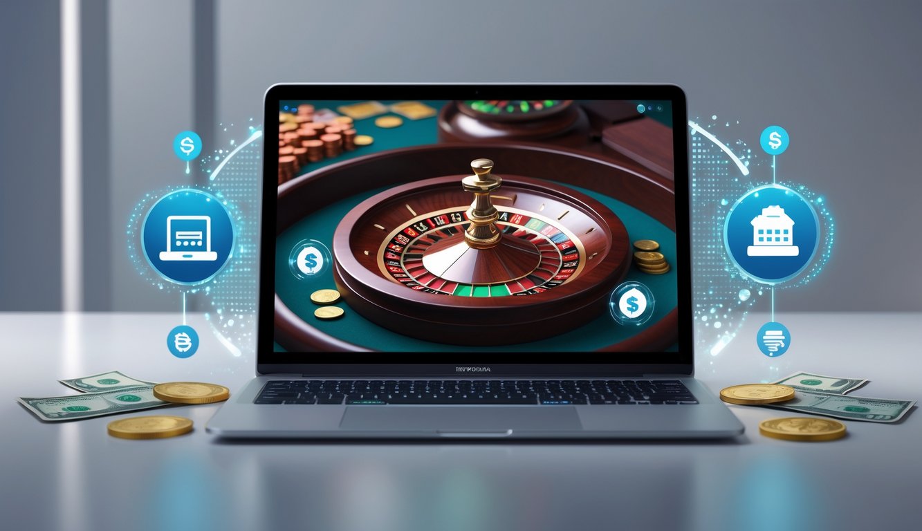 Seseorang menggunakan laptop dengan tampilan roda roulette dan ikon transaksi keuangan digital di sekitarnya.