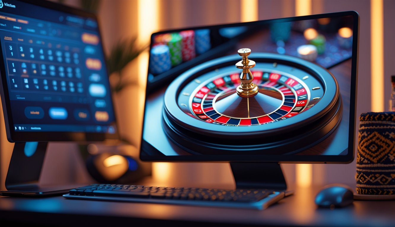 Sebuah setup permainan roulette online dengan roda roulette digital di layar komputer dan elemen dekorasi yang menunjukkan suasana permainan di Indonesia.