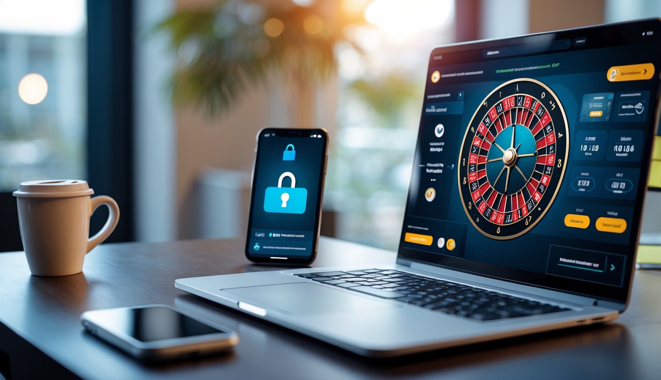 Sebuah laptop menampilkan permainan roulette online dengan latar belakang yang samar dan beberapa perangkat di meja.