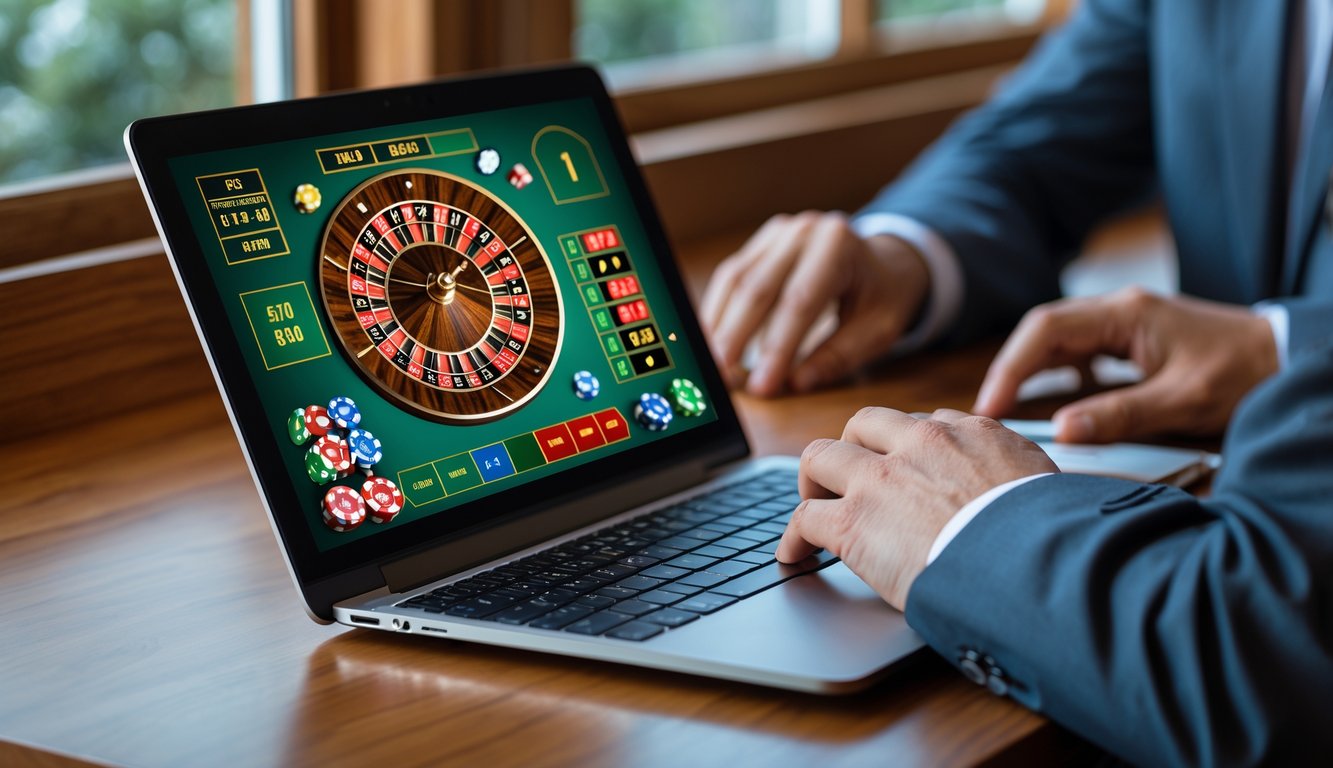Layar laptop menampilkan permainan roulette online dengan roda roulette berputar dan taruhan digital, tangan seseorang siap memasang taruhan di layar sentuh.
