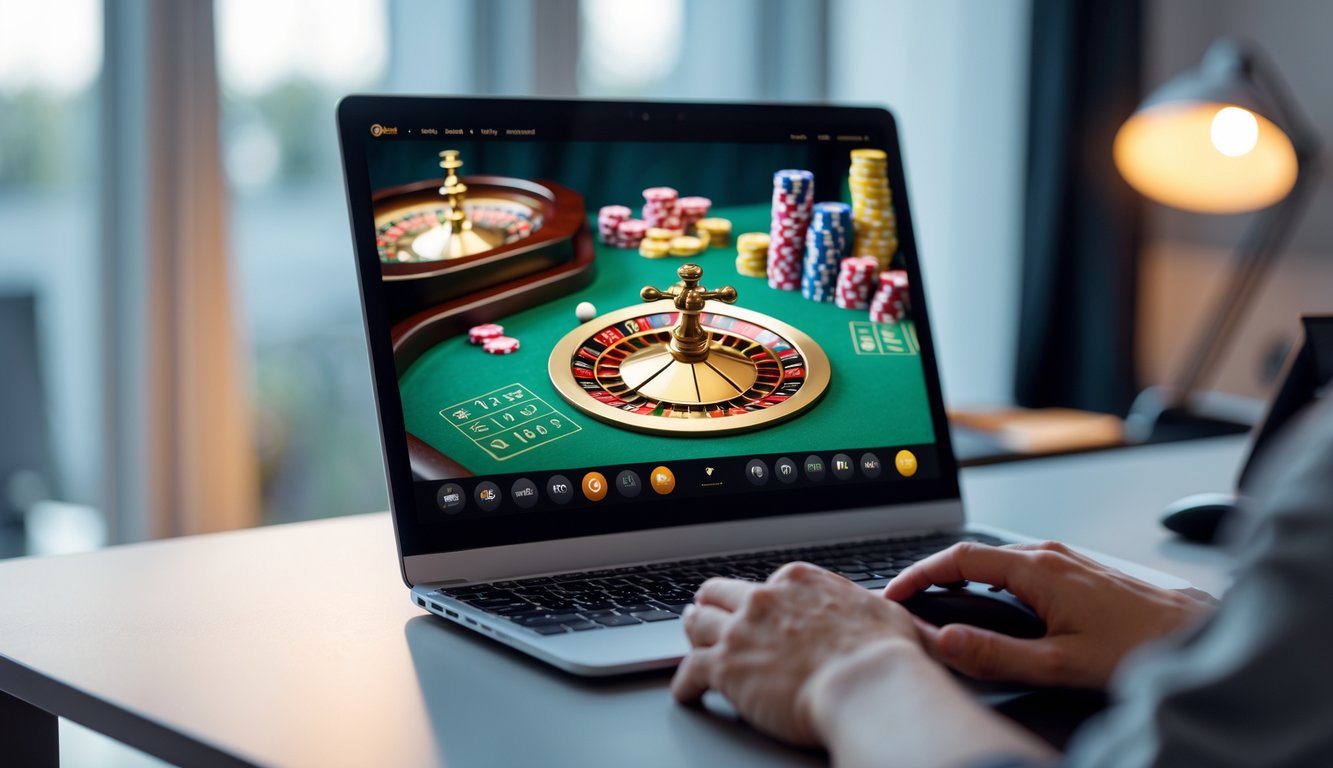 Seseorang bermain roulette online di komputer dengan tumpukan chip dan roda roulette yang berputar di layar.