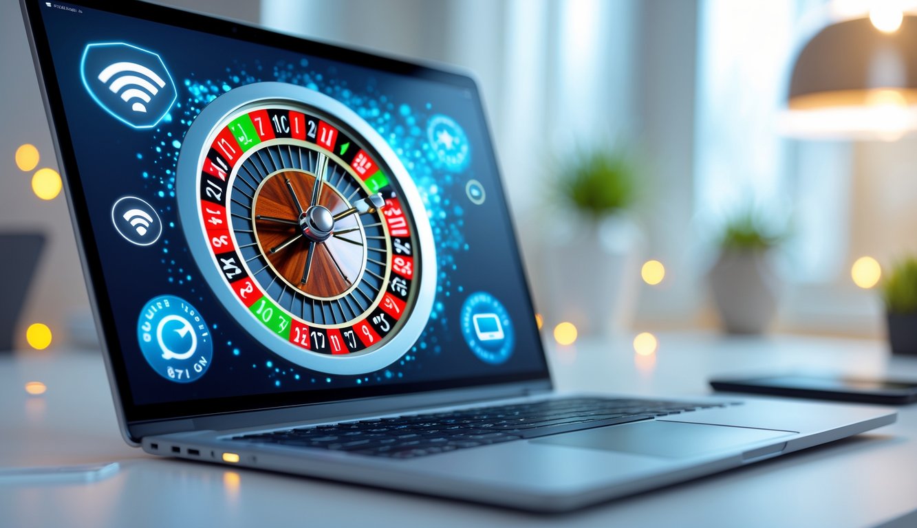 Sebuah komputer menampilkan roda roulette digital yang berputar dengan latar belakang ruang kerja modern.