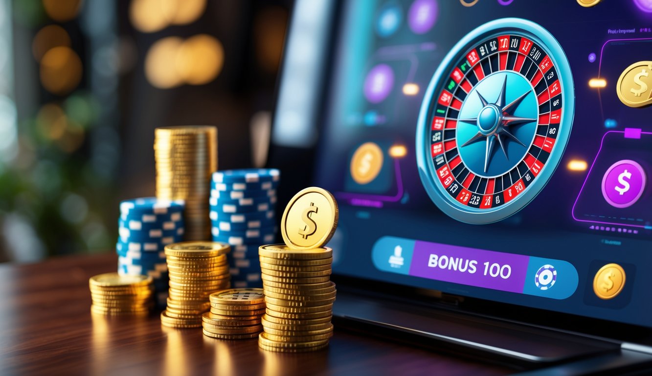 Sebuah layar komputer menampilkan permainan roulette dengan tumpukan chip dan koin di atas meja kayu.