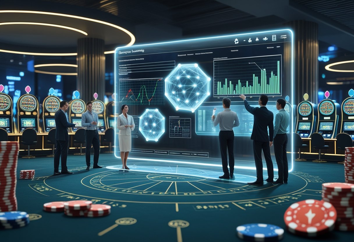 A casino scene with digital data displays showing graphs and neural networks, with analysts examining player behavior and market trends.