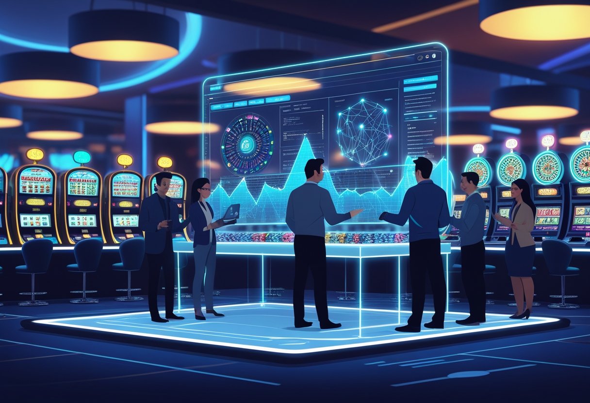 A casino scene with slot machines and tables overlaid by digital charts and data visualizations, showing people analyzing player behavior and market trends using technology.