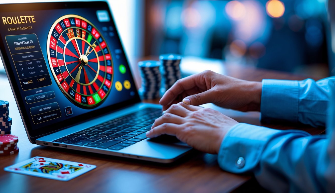 Seseorang menggunakan komputer dengan tampilan roda roulette online di layar dalam suasana kerja yang rapi dan terang.
