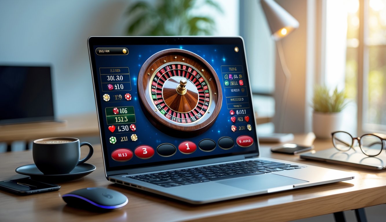 Sebuah laptop di atas meja kayu menampilkan permainan roulette online dengan roda roulette berwarna merah dan hitam yang sedang berputar.
