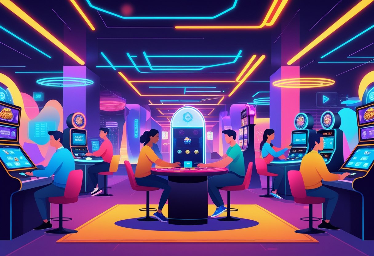 A modern casino scene with diverse players engaged in skill-based games using touchscreen tables and digital interfaces, surrounded by traditional casino elements and futuristic lighting.