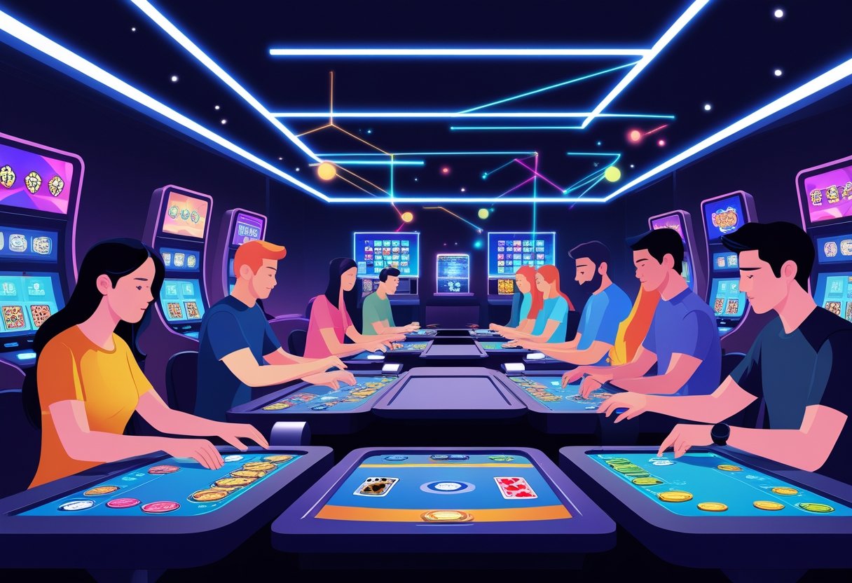 A modern casino scene with diverse players focused on various skill-based games, including digital card games and interactive slots, showing concentration and strategic play.