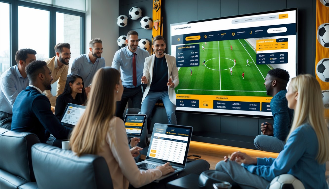 Sekelompok orang sedang melihat layar besar dengan statistik pertandingan sepak bola dan opsi taruhan online di ruangan modern.