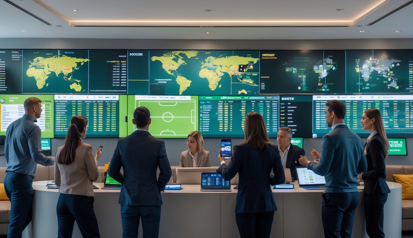 Beberapa orang sedang fokus melihat layar digital yang menampilkan statistik dan skor pertandingan sepak bola dalam ruangan modern.