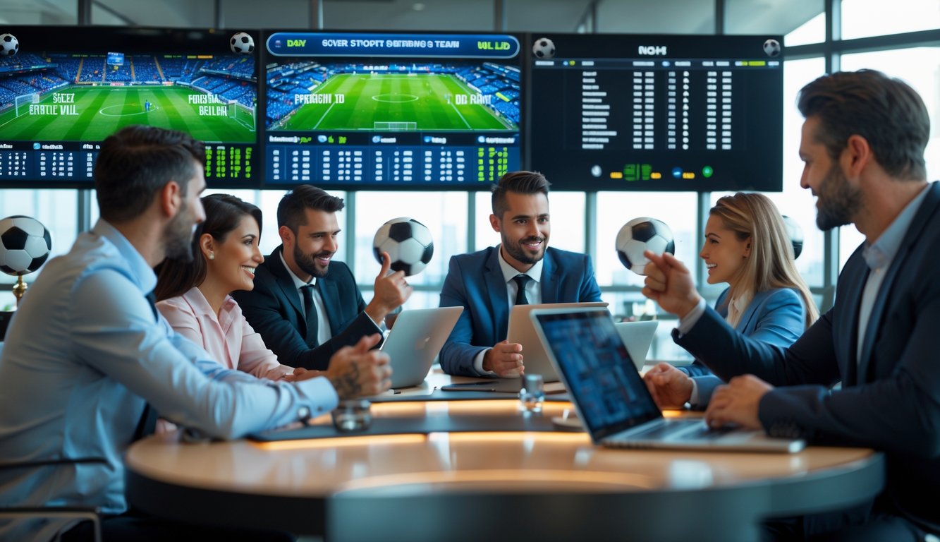 Suasana kantor taruhan sepak bola dengan beberapa orang yang sedang melihat layar besar menampilkan pertandingan dan peluang taruhan.