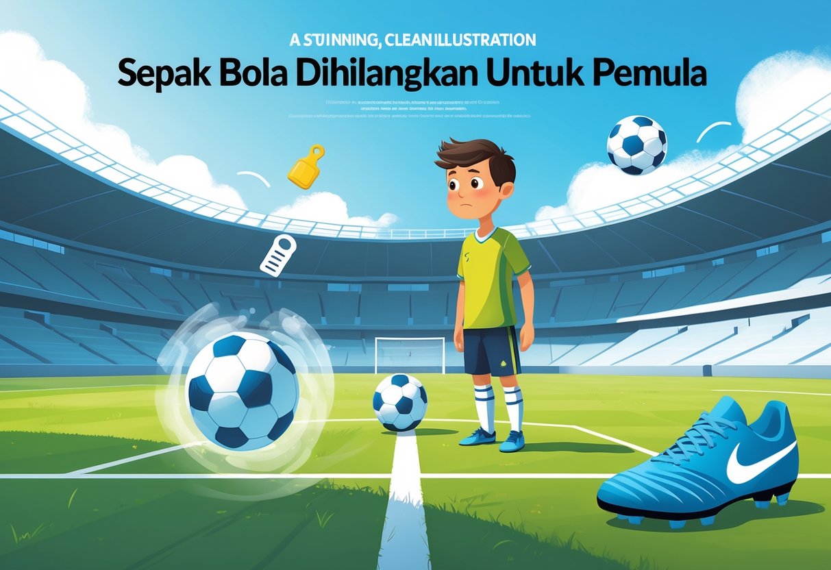 Seorang pemain sepak bola pemula berdiri di lapangan dengan bola yang tampak memudar di depannya, di latar belakang stadion kosong.