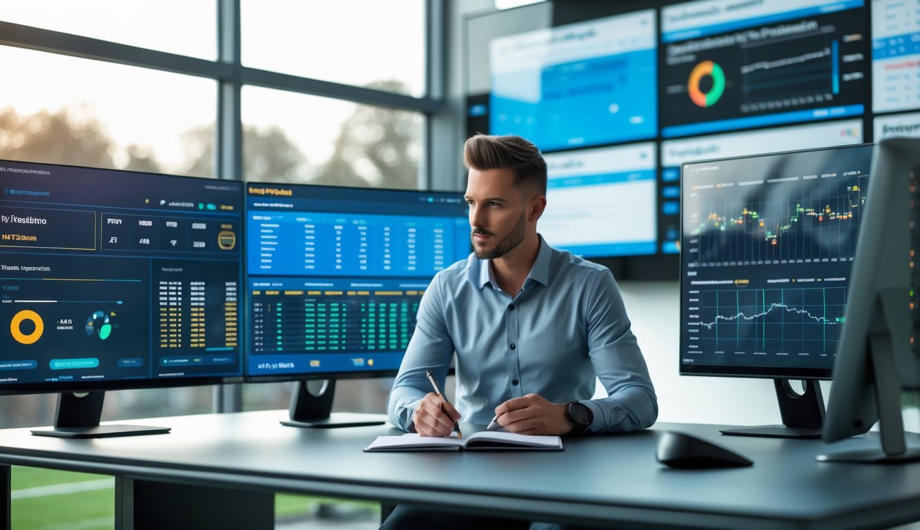 Seorang analis sepak bola sedang bekerja di depan beberapa monitor yang menampilkan data dan statistik pertandingan sepak bola.
