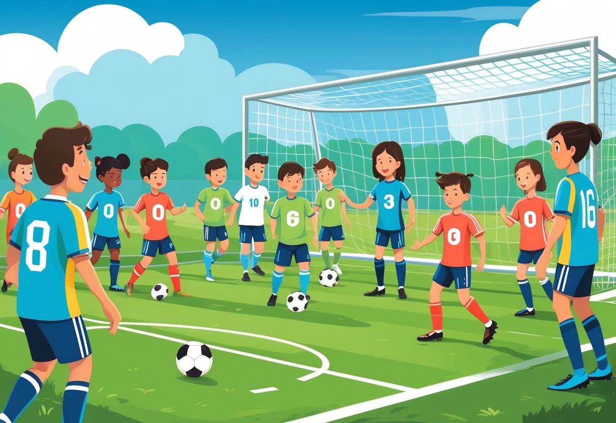 Sekelompok pemain sepak bola pemula sedang berlatih di lapangan hijau dengan pelatih yang memberikan instruksi.