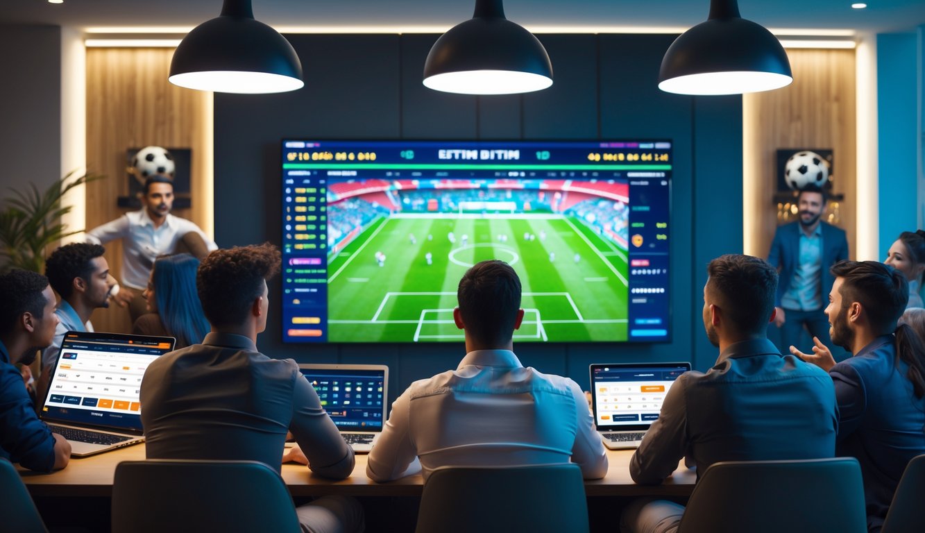 Sekelompok orang menonton pertandingan sepak bola secara langsung dan menggunakan perangkat digital untuk taruhan bola.