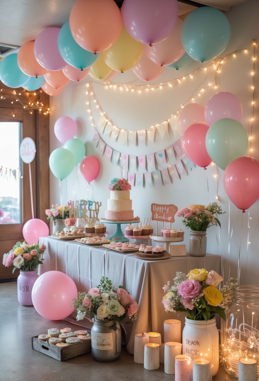 A decorated room for a sweet 16 party with balloons, fairy lights, a dessert table, and handmade decorations creating a festive atmosphere.