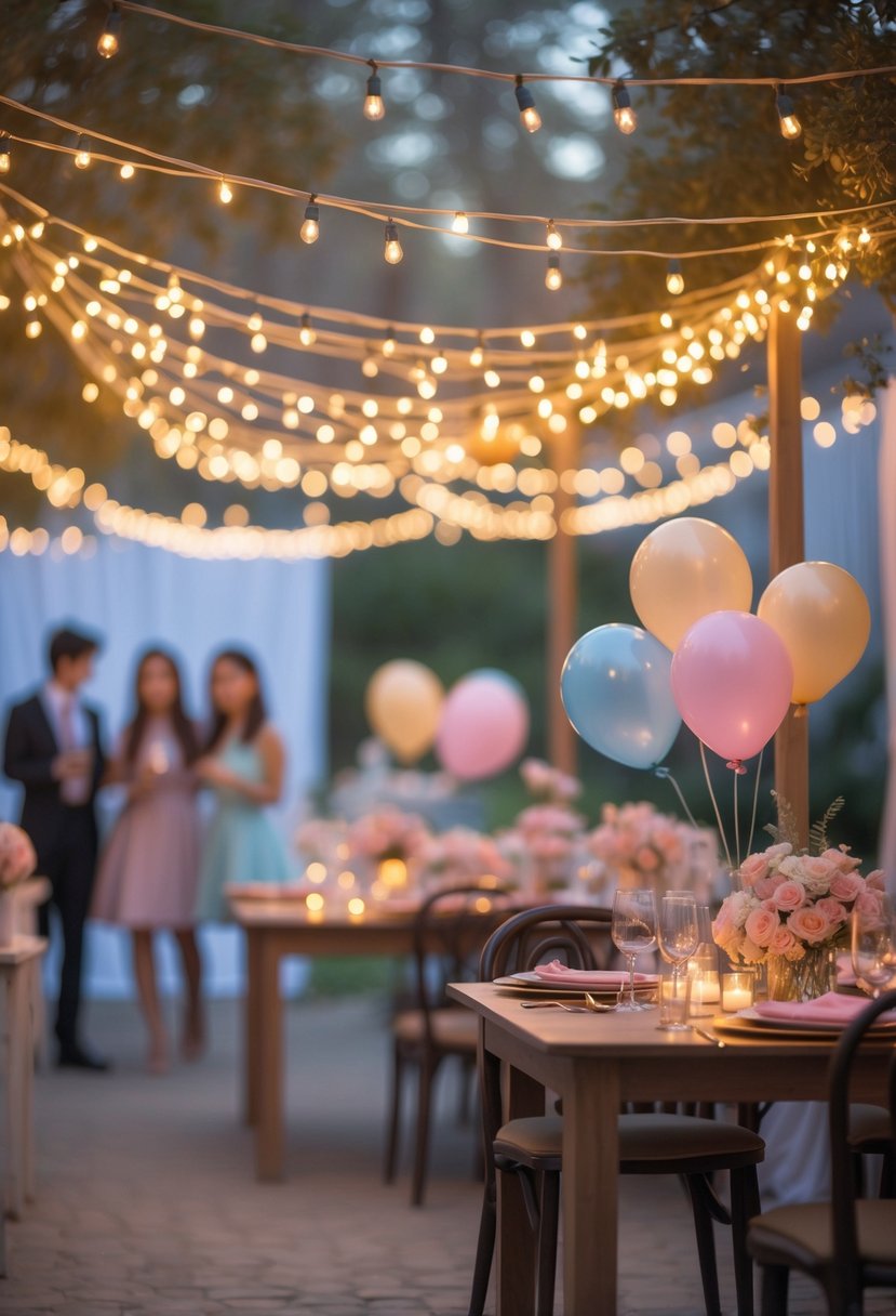 A sweet 16 party scene with warm fairy lights overhead, balloons, and floral decorations, with young guests celebrating.
