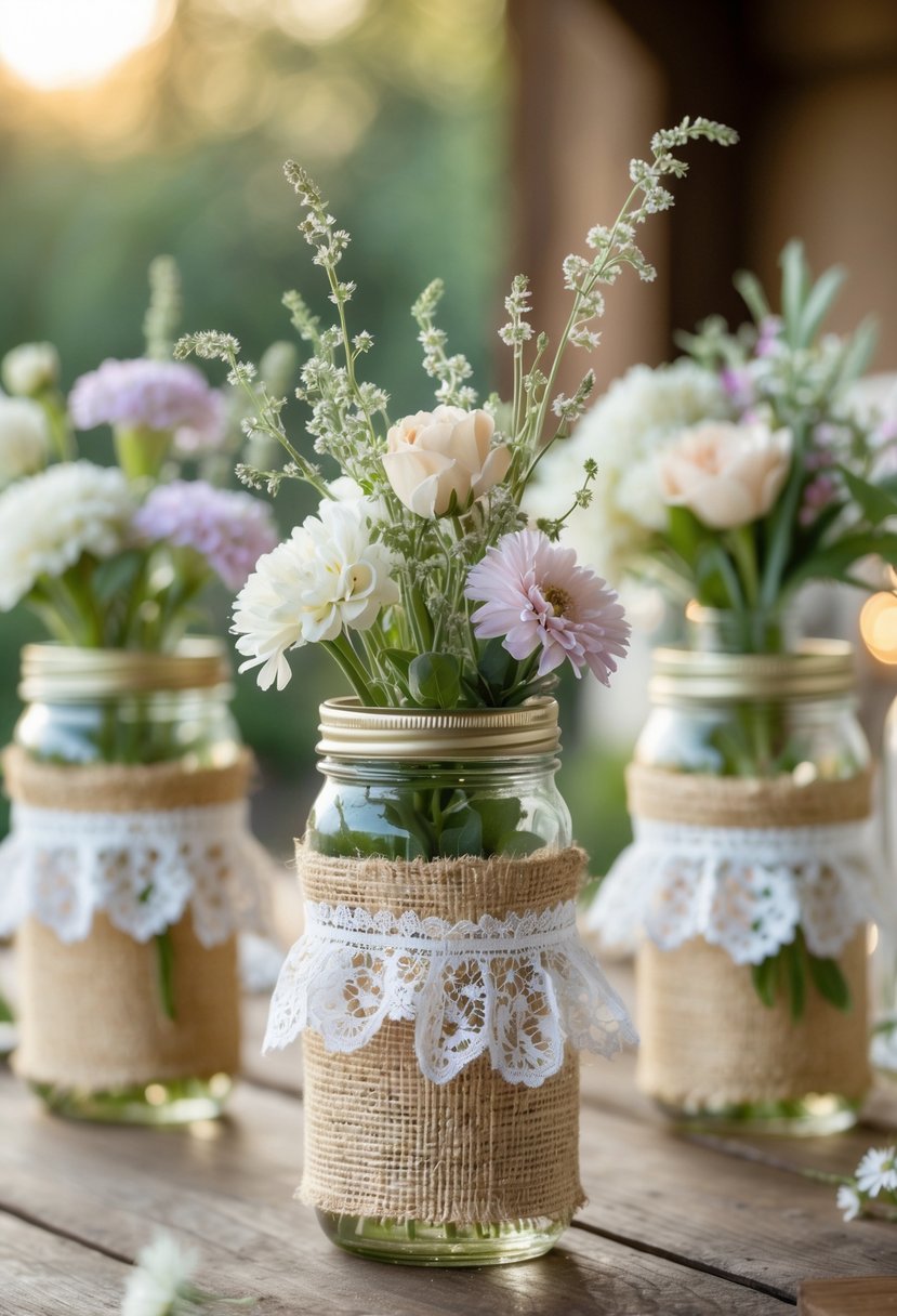 Mason jars wrapped in burlap and lace filled with pastel wildflowers arranged on a wooden table.