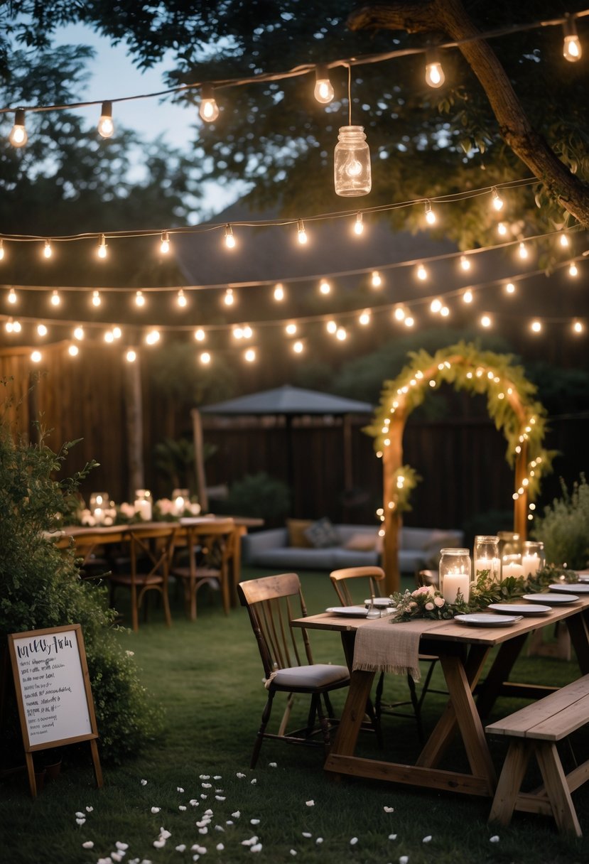 Backyard wedding decorated with string lights, rustic wooden furniture, floral arrangements, and cozy seating under trees at dusk.