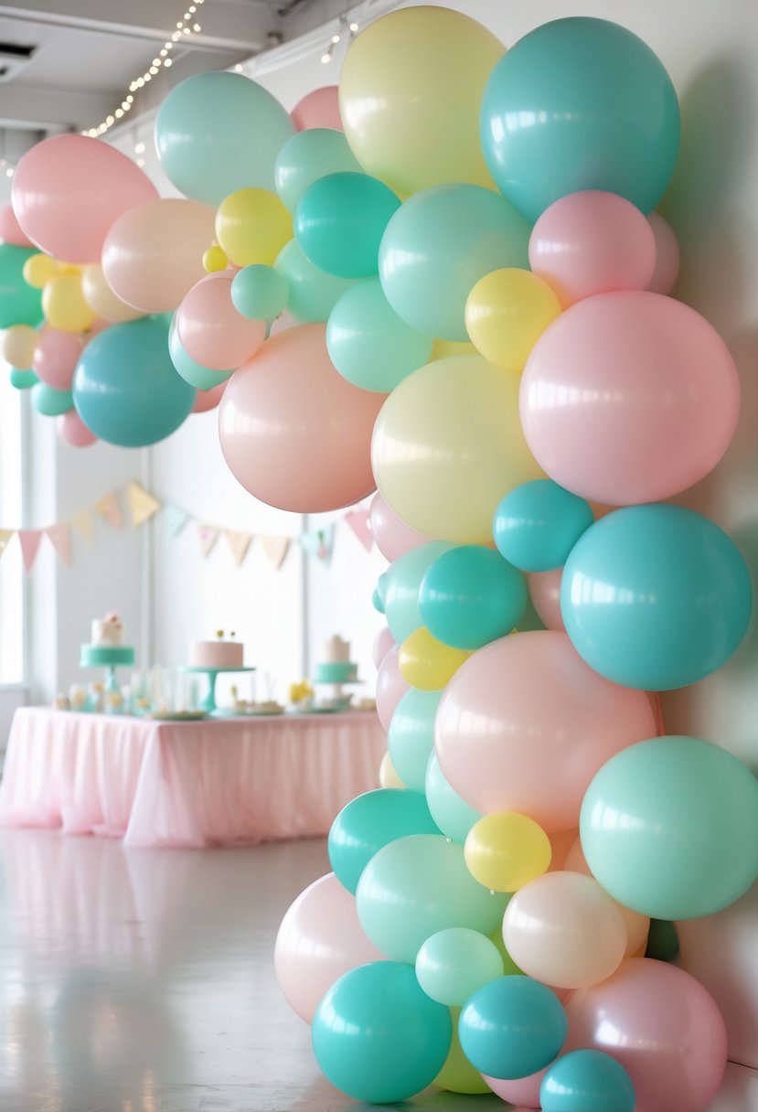 A colorful balloon garland with pastel balloons arranged as party decoration for a sweet 16 celebration.