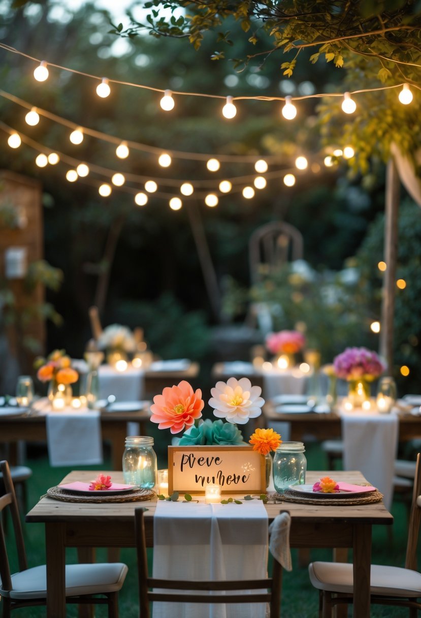 An outdoor wedding setup with string fairy lights overhead and various simple decorations like flowers, candles, and bunting creating a warm and inviting atmosphere.