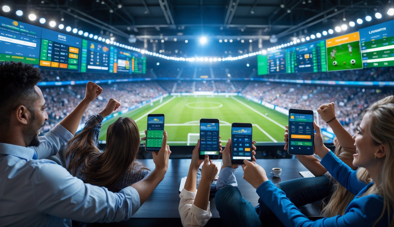 Orang-orang yang antusias menggunakan perangkat digital untuk bertaruh pada pertandingan sepak bola dengan latar belakang stadion yang ramai.