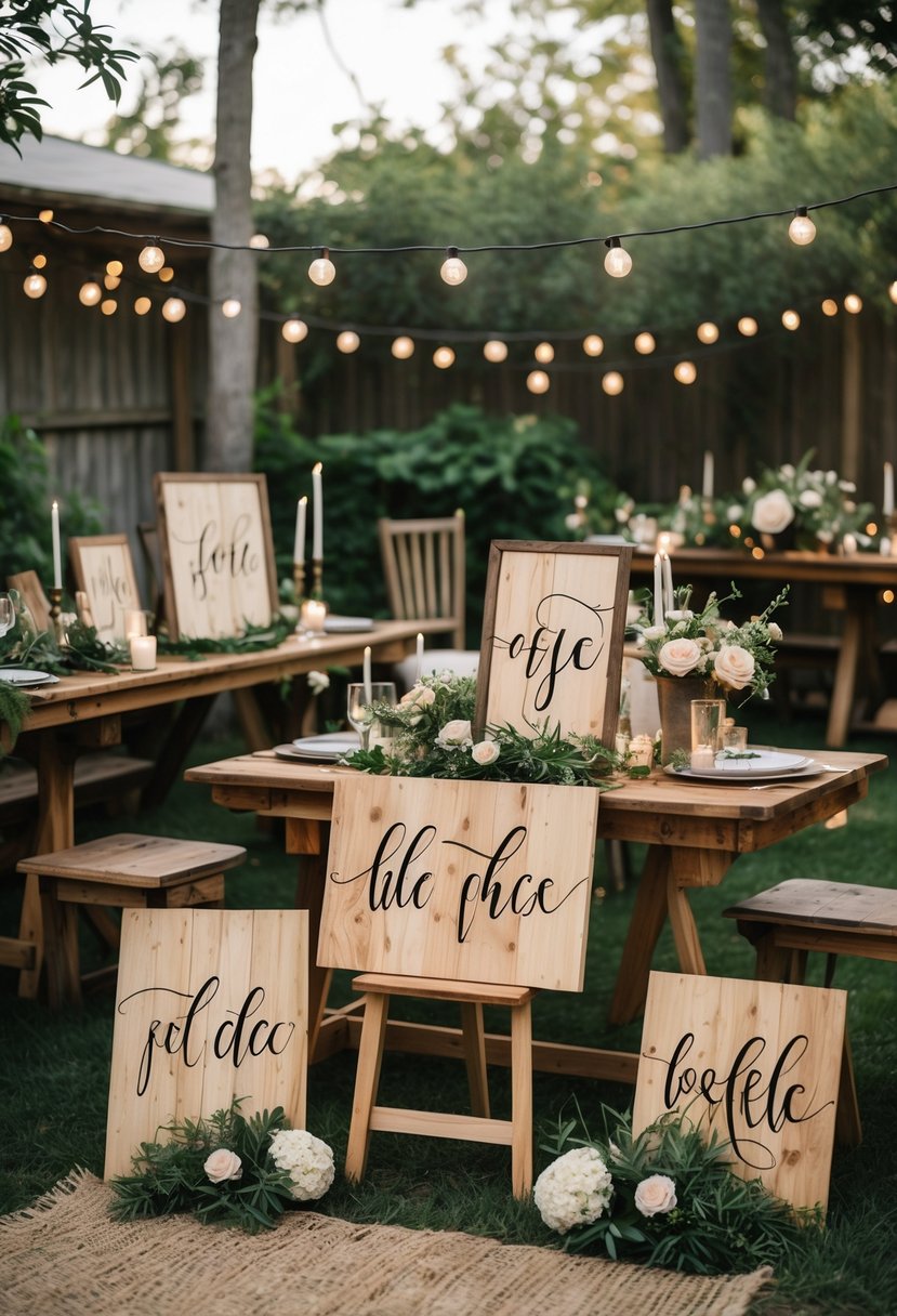 A backyard wedding scene with rustic wooden signs and floral decorations arranged outdoors among greenery and soft lighting.
