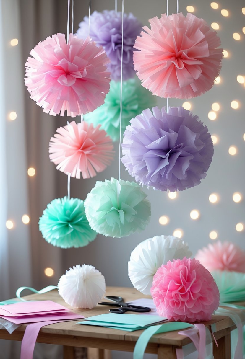 Colorful paper pom-poms hanging as decorations with crafting supplies on a table for a Sweet 16 party.
