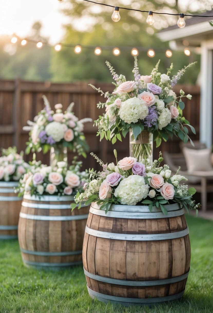 Wooden wine barrels outdoors topped with colorful flower arrangements in a backyard setting.