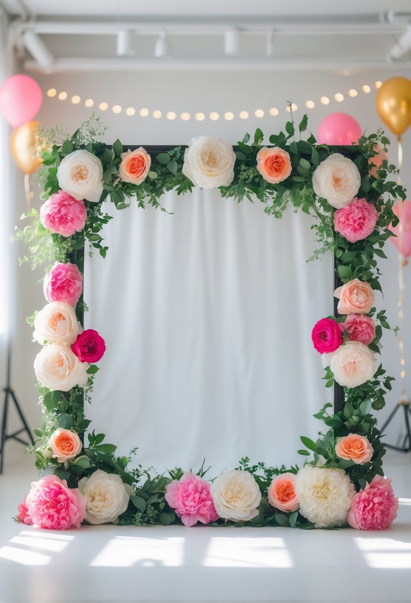 A photo booth backdrop decorated with a colorful floral frame for a sweet sixteen party.
