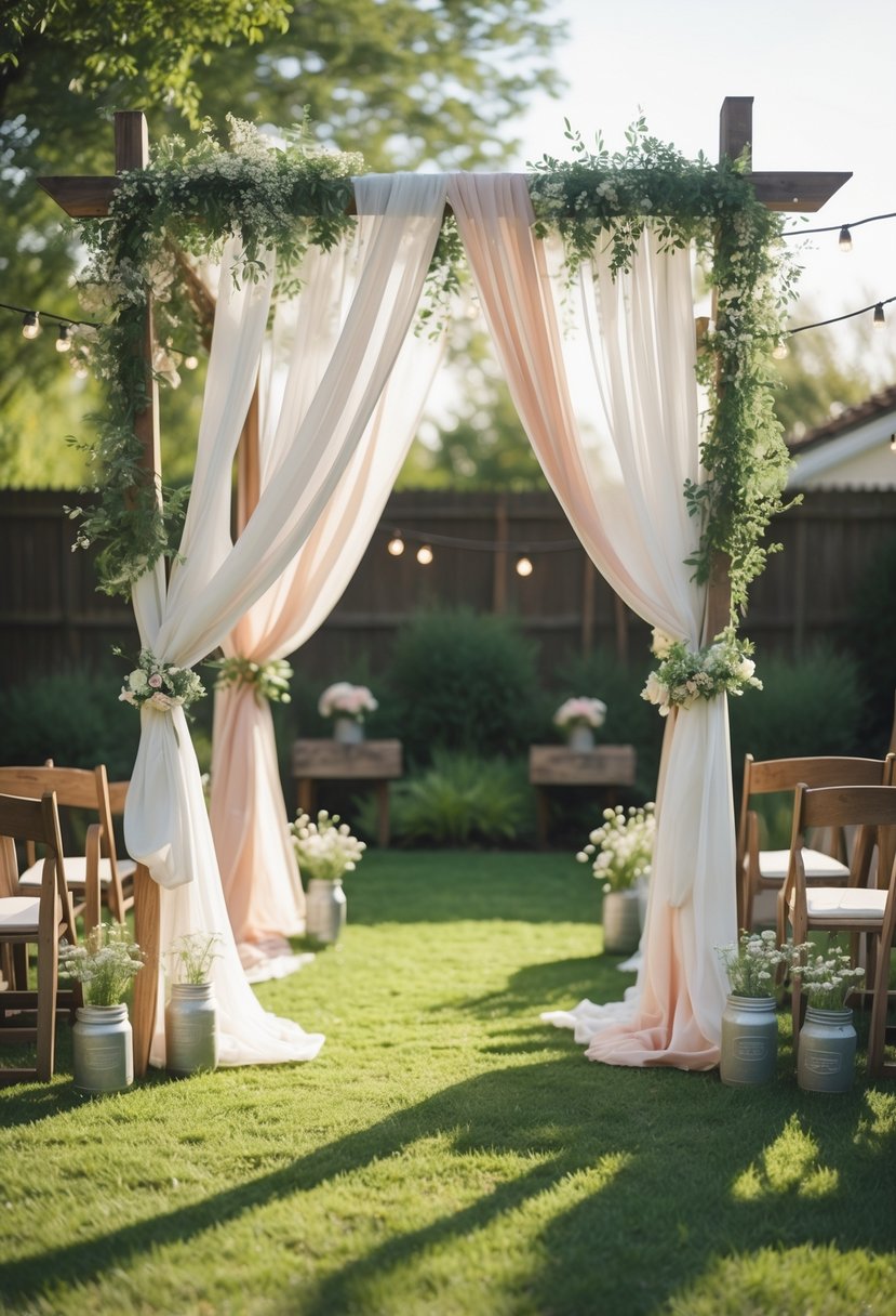 A backyard wedding setup with a fabric-draped arbor decorated with flowers and greenery, surrounded by rustic chairs and small floral decorations.