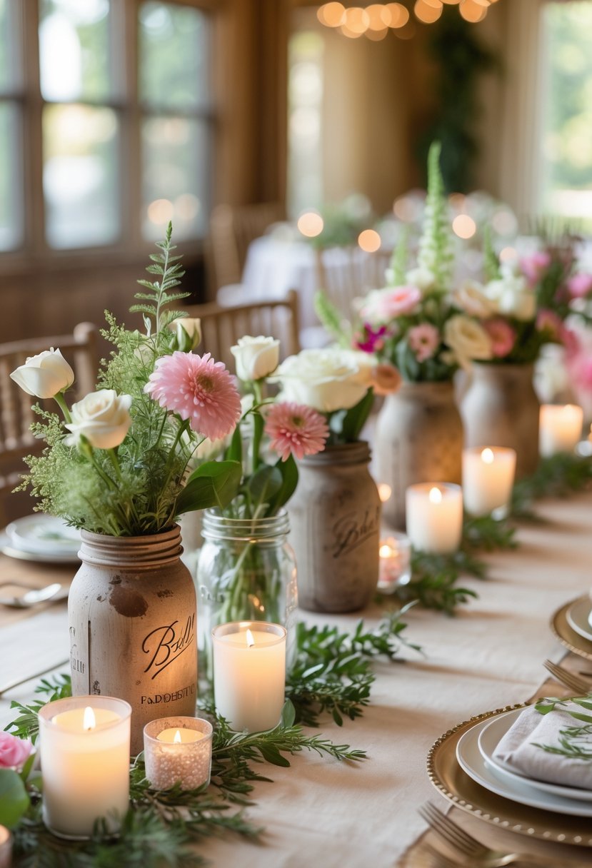 Table with mason jar centerpieces filled with flowers and lit candles arranged for a Sweet 16 party.
