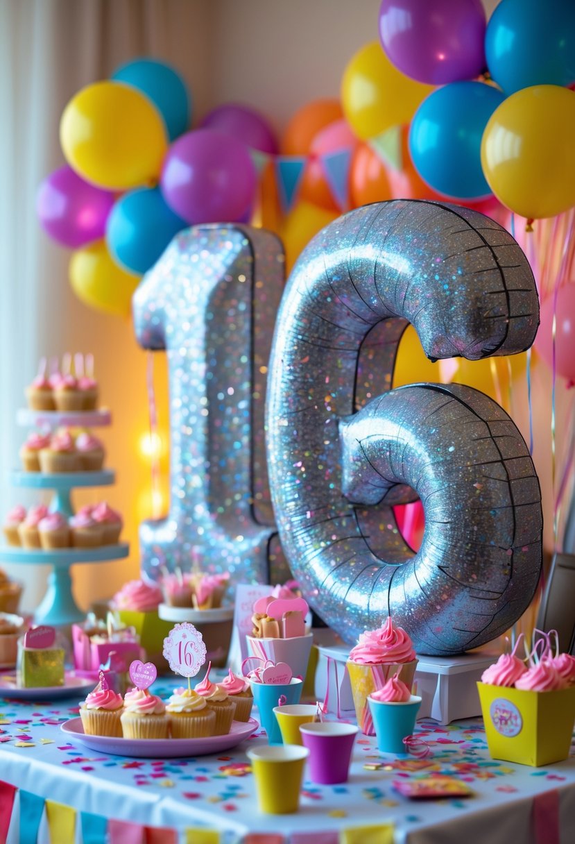 A decorated party table with glittered number 16 cutouts, balloons, cupcakes, and colorful decorations for a sweet 16 birthday celebration.