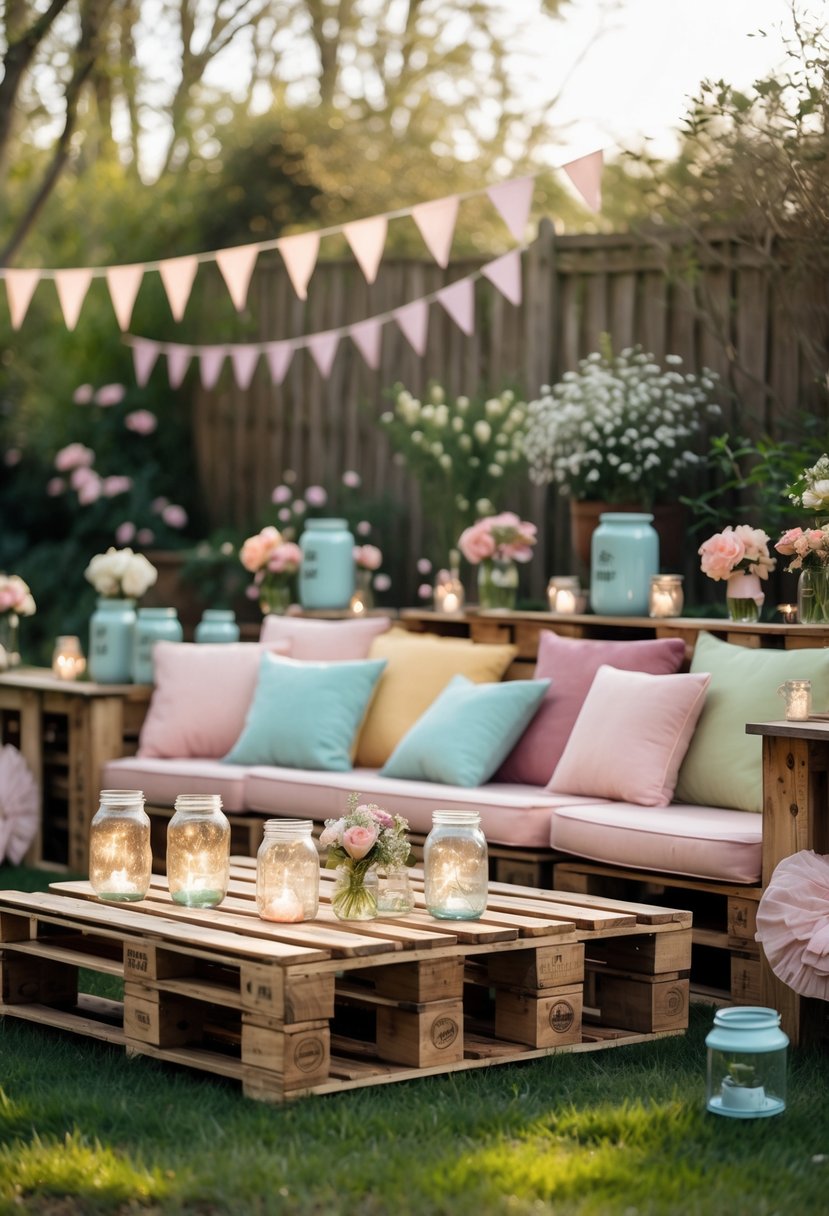 Outdoor pallet seating with cushions surrounded by simple wedding decorations in a backyard garden.